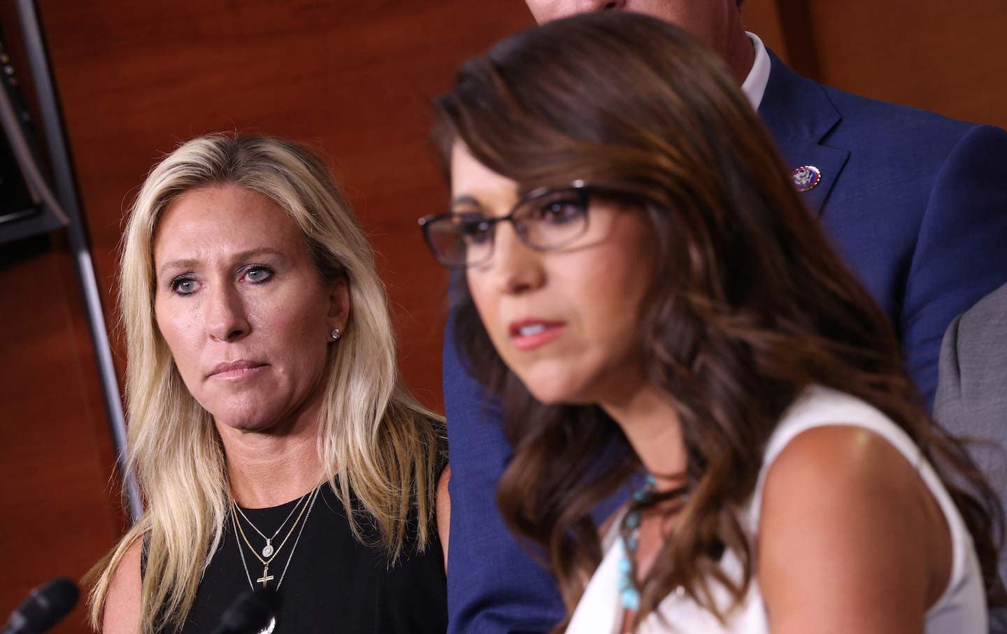 Representative Lauren Boebert (R-Colo.) speaks during a press conference at the US Capitol, standing alongside Representative Marjorie Taylor Greene (R-Ga.).