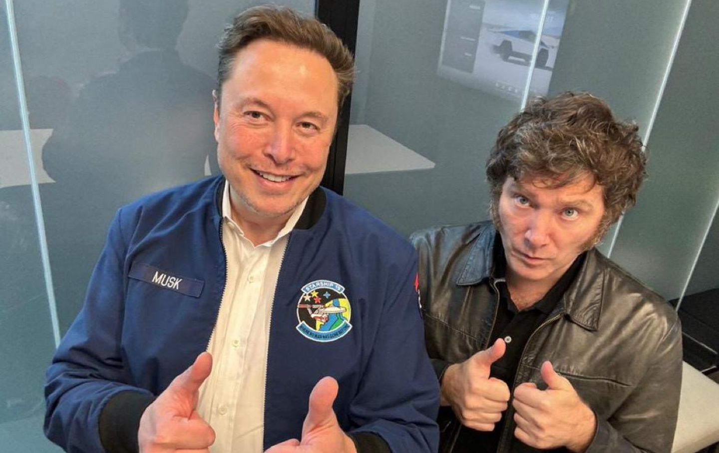 Argentine President Javier Milei poses for a picture next to TESLA cofounder and director Elon Musk (L) at Gigafactory Texas on April 12, 2024, in Austin, Texas.