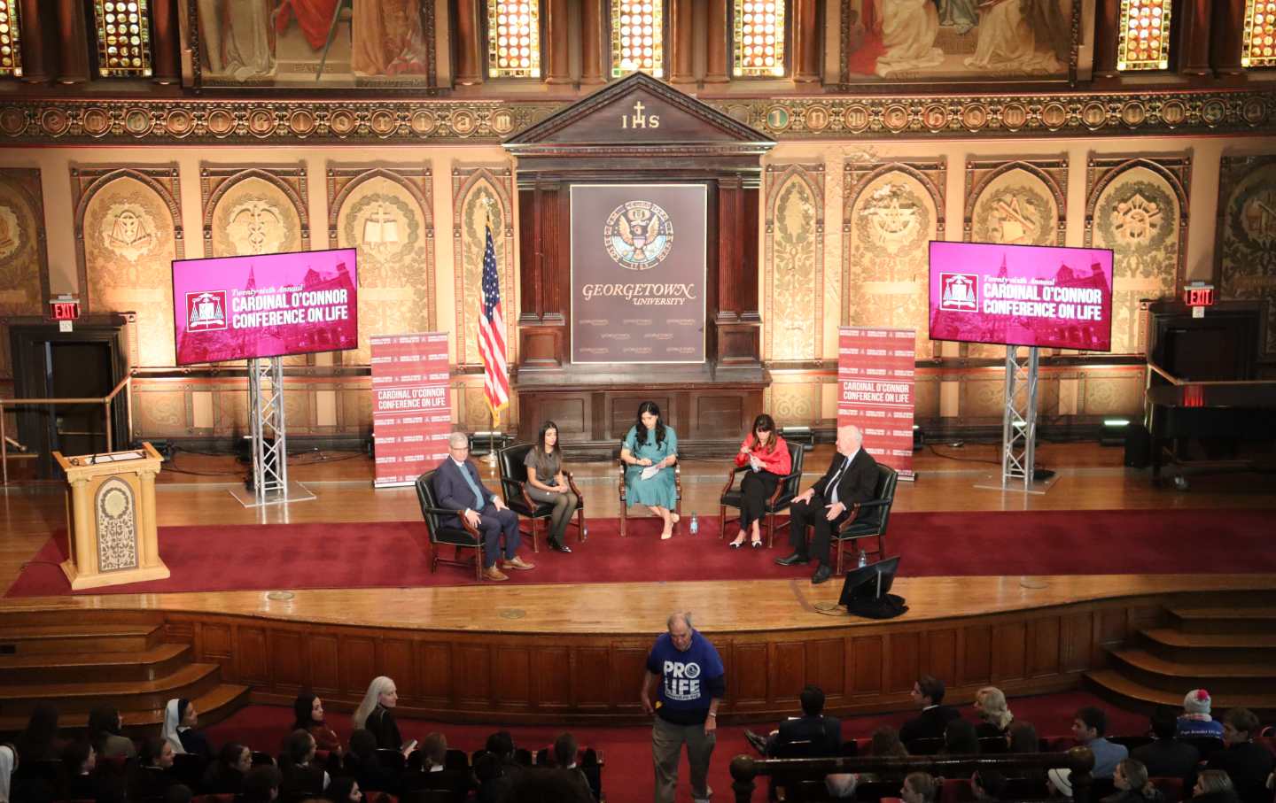 Hundreds of Cardinal O’Connor Conference attendees gather in Georgetown University’s Gaston Hall to hear from anti-abortion activists.
