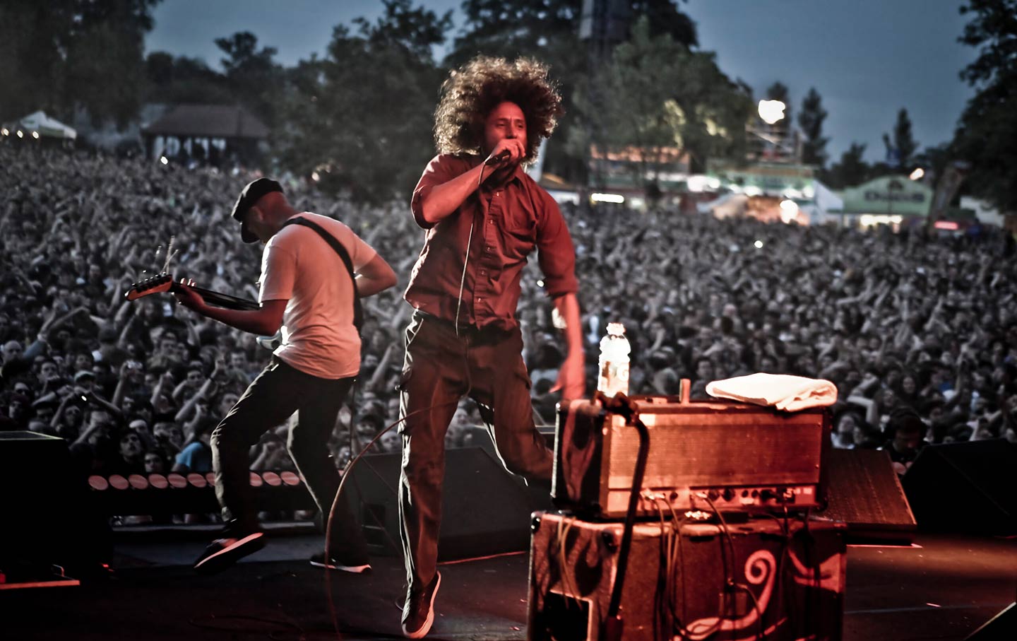 Tom Morello and Zach de la Rocha of Rage Against the Machine perform as part of a free concert at Finsbury Park on June 6, 2010, in London, England.