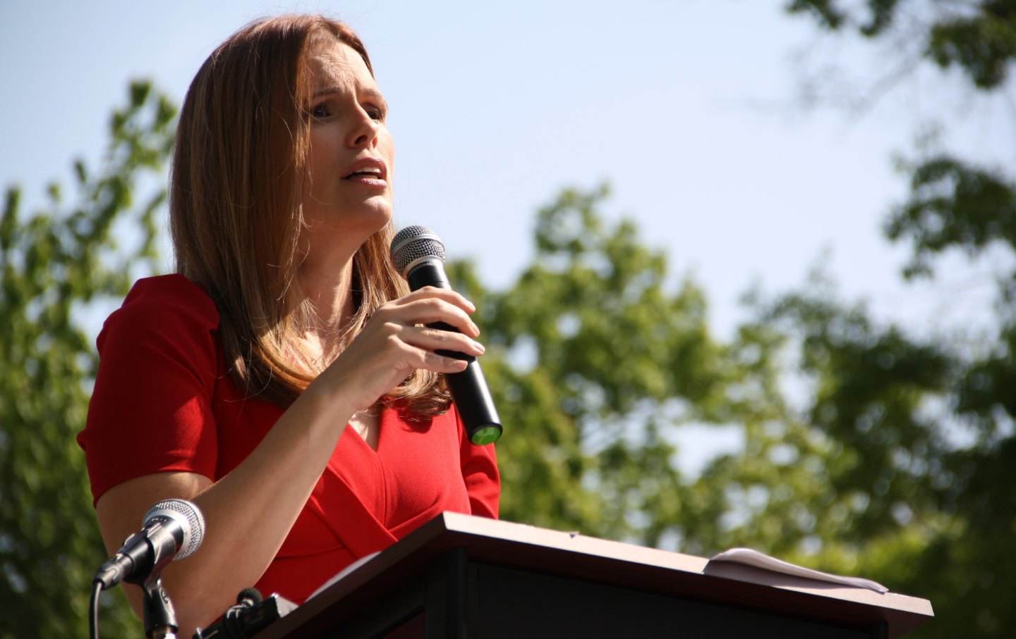 Democratic Associate Justice Allison Riggs speaks to protesters at a rally in Raleigh, North Carolina, on Monday, April 14, 2025.