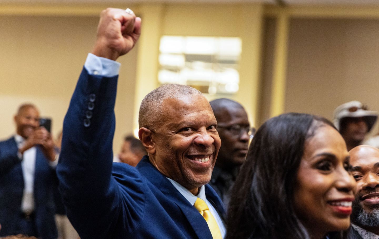 John Ewing pumps his fist after the second round of results are announced at the election night watch party for Ewing for Omaha mayor at the downtown Hilton in Omaha, Nebraska, Tuesday, May 13, 2025.