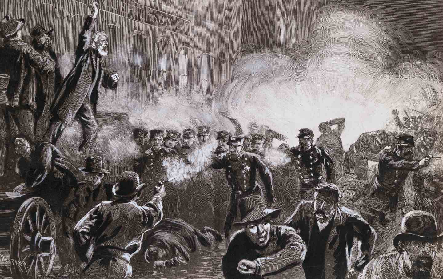 Illustration of Haymarket Riot in Chicago by T. de Thulstrup